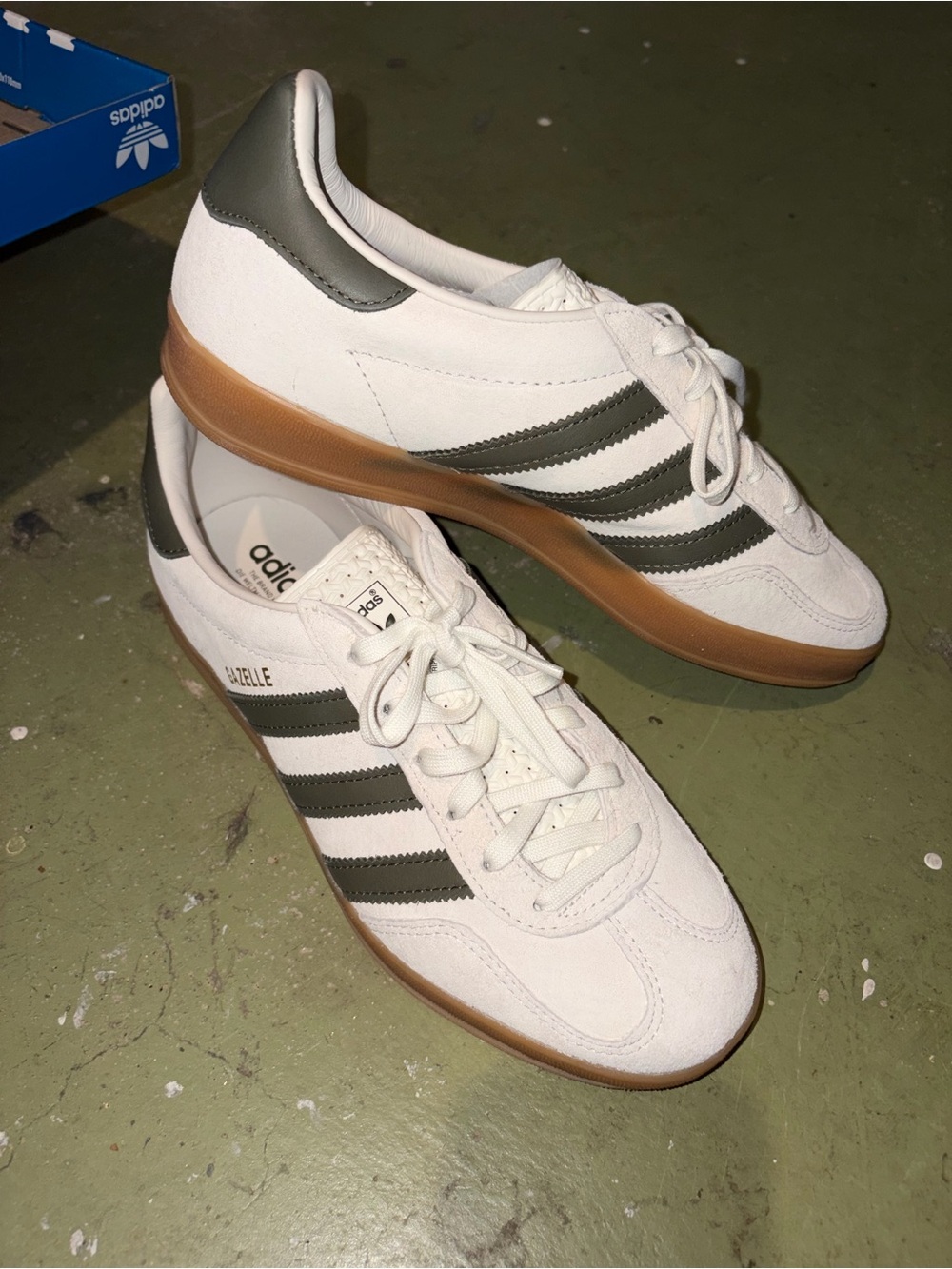 adidas Women’s Gazelle Sneakers - White with Olive Stripes and Gum Sole